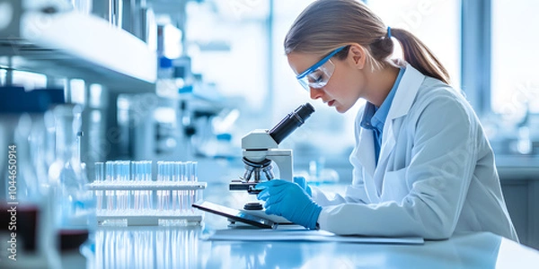 Obraz Scientist is looking through a microscope and taking notes, background