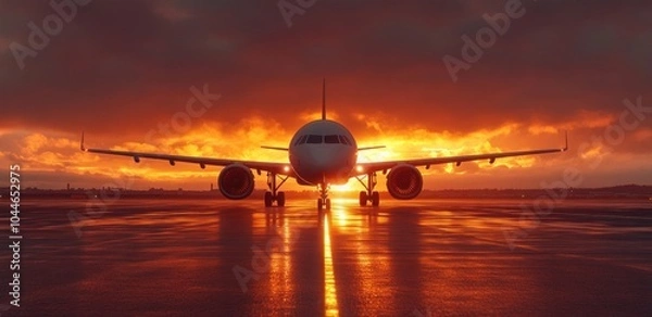 Fototapeta Airplane on runway at sunrise with dramatic sky.