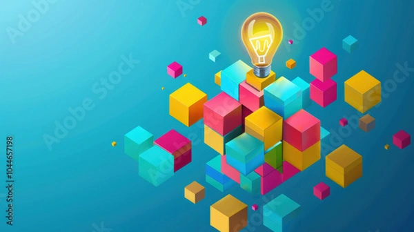 Fototapeta Innovative light bulb concept with colorful 3D cubes representing creativity and ideas. This vibrant design symbolizes inspiration and modern technology