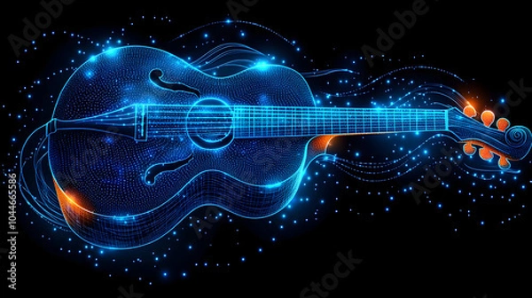 Fototapeta Abstract digital blue glowing guitar with twinkling lights.