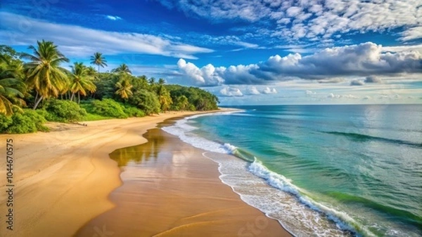 Fototapeta Serene beachfront with calm seas at Awala-Yalimapo , tranquil, peaceful, tropical, beach, coast, relaxation, paradise, ocean