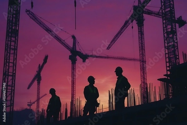 Obraz Construction workers and engineers silhouette in dawn evening, cranes and half built buildings and reinforcement rebar