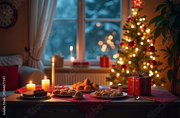 Fototapeta Festive Christmas table setting in decorated interior with a large window and a Christmas tree. New Year's Eve dinner, banquet for guests.