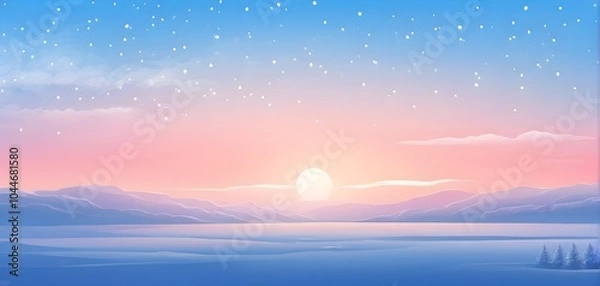 Fototapeta Illustration of a cold winter sunrise, represented by a minimalist gradient of soft pastel pinks and blues over a smooth, snow-covered horizon