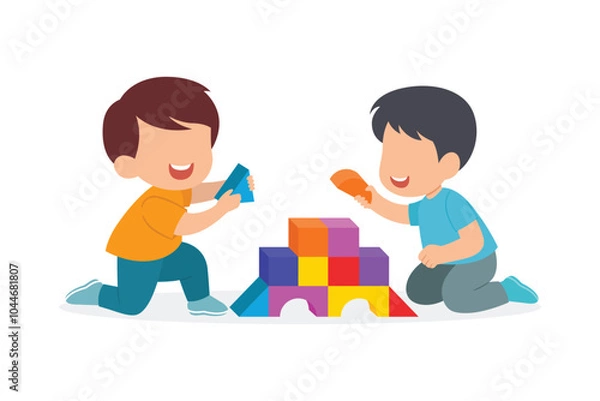 Fototapeta Happy kid boy playing a block toys together. Smiling excited children cartoon character with toy. vector illustration