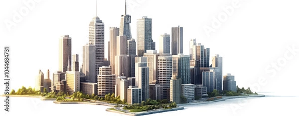 Obraz 3D vector illustration of a modern city skyline with skyscrapers and buildings on a white background