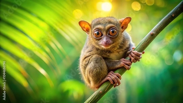 Fototapeta Tarsier hanging on branch with green and yellow background