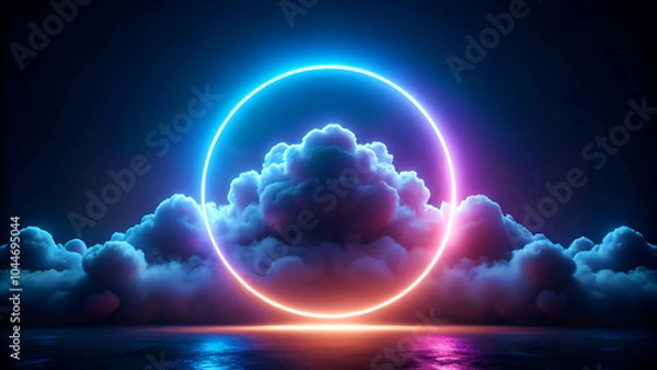 Fototapeta A striking 3D render of a glowing cloud illuminated with a neon circular light. The bright colors and soft shapes create a futuristic, dreamy atmosphere against a dark backdrop.