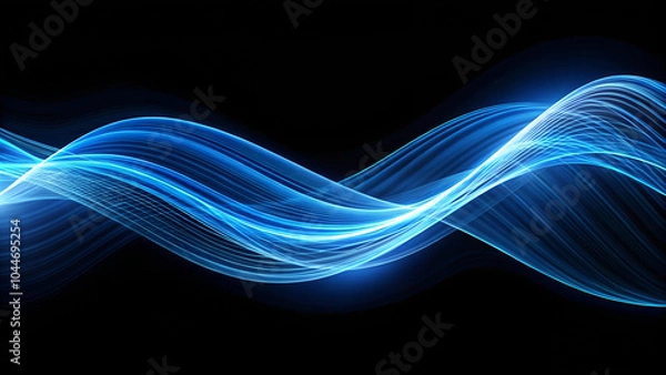 Obraz A dynamic abstract image of flowing blue lines moving in a wave-like shape against a dark background.