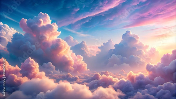 Fototapeta Fantasy sky with cotton candy pink and pastel-colored clouds illuminated by soft sunlight.
