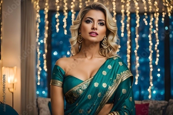 Obraz A blonde woman wearing a saree for the festive season