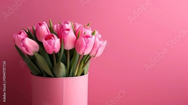 Fototapeta pink tulips in vase on pink background 