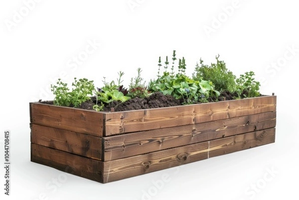 Fototapeta Wooden planter box filled with various herbs and vegetables on a white background