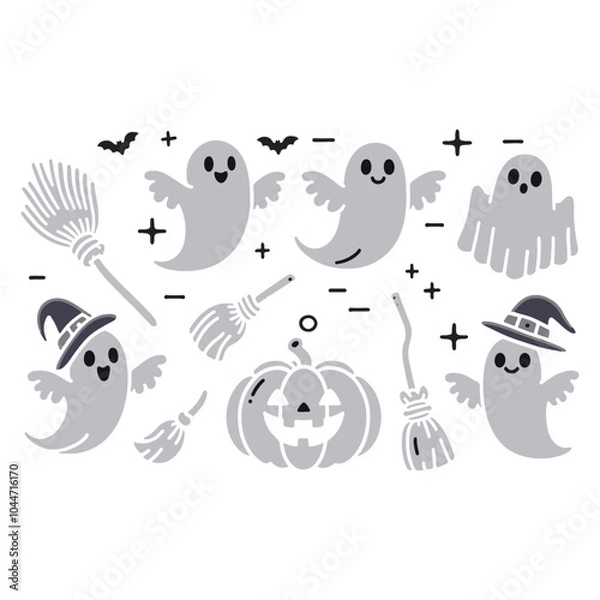 Fototapeta Happy Halloween Day element background vector. Cute collection of spooky ghost, pumpkin, bat, skull, candle. Adorable halloween festival illustration elements for decoration, prints.