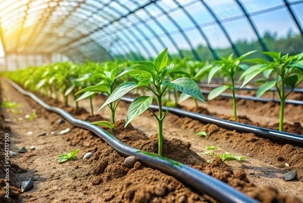 Fototapeta Tilted angle view of pepper seedlings being watered through drip irrigation system in greenhouse
