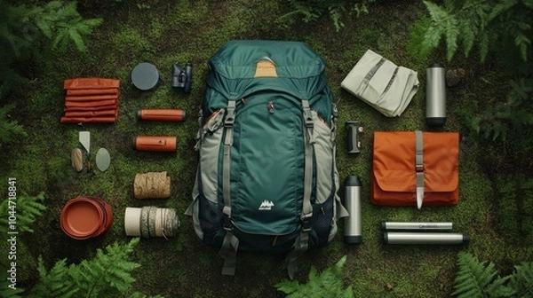Fototapeta Hiking essentials arranged for a forest expedition, featuring a backpack, tent, and survival tools, ready for a mountain adventure. Clean, organized layout