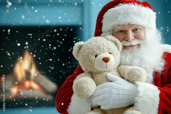 Fototapeta Santa Claus cheerfully holds a plush teddy bear in a cozy room by a fireplace, evoking warmth, comfort, and nostalgic Christmas memories with a touch of magic.