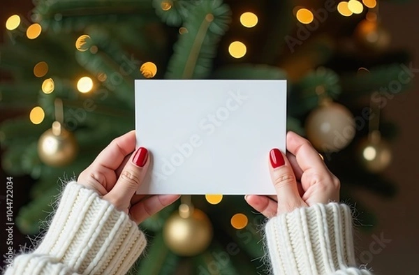 Fototapeta top view of a women's hands in the white sweater with light skin and red nails holding a postcard with space for text, a decorated Christmas tree with lights  in the background 