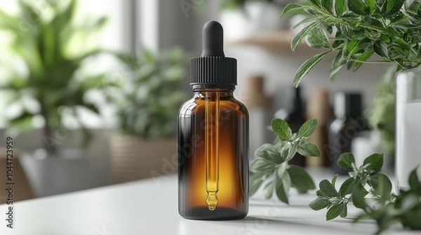 Fototapeta Amber dropper bottle on a table surrounded by greenery.