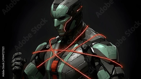 Fototapeta A futuristic cyborg bound by glowing red wires, standing against a dark background.