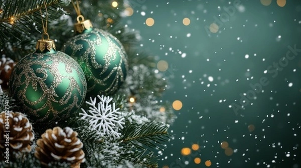 Fototapeta Christmas banner with green baubles and snowflake decorations