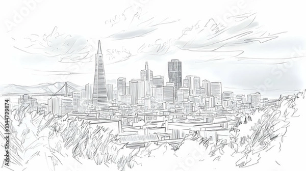 Fototapeta Hand-drawn sketch of the San Francisco skyline, including the iconic Golden Gate Bridge, Transamerica Pyramid, and Coit Tower.