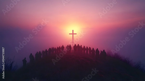Fototapeta 
Easter sunrise service on hillside, cross silhouette, congregation gathered, morning fog, emotional atmosphere, contemporary setting, photorealistic style