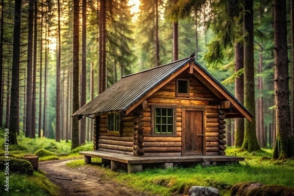 Fototapeta Tranquil and rustic cabin surrounded by forest trees