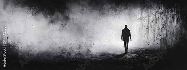 Obraz A man walking through fog with his head down, a shadowy figure stands behind him in the mist. Ink painting, dark and gritty,