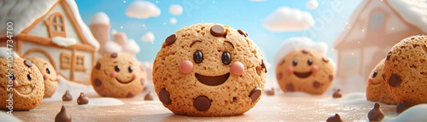 Fototapeta Cheerful 3D cookies with smiling faces and chocolate chips in a playful, whimsical scene