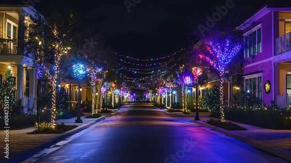 Obraz Festive lights illuminate neighborhood, creating magical atmosphere