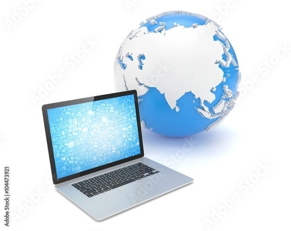 Fototapeta Laptop network and earth globe. 3d render