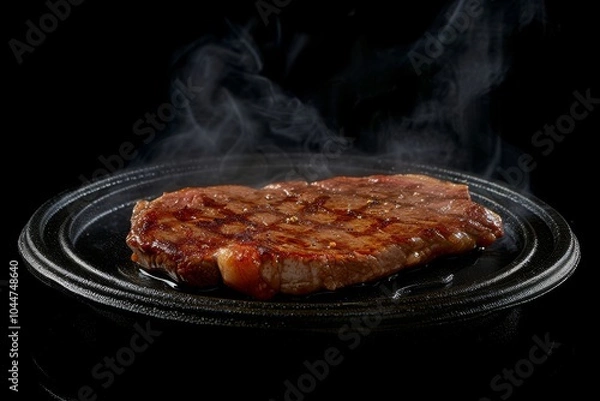 Obraz Steaming Grilled Steak on a Black Plate