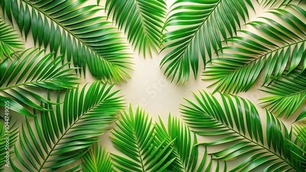 Fototapeta tropical background pattern of green palm leaves on a high angle view