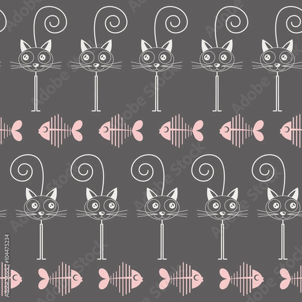 Fototapeta Cats and fish bones seamless pattern