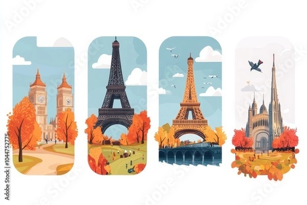 Obraz Charming illustrations of iconic landmarks in autumn settings showcasing Big Ben and the Eiffel Tower