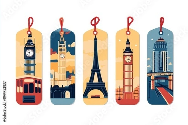 Obraz Colorful travel-inspired bookmarks featuring iconic landmarks like Big Ben and the Eiffel Tower