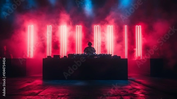 Fototapeta A DJ stands in front of a stage with neon lights, smoke, and fog.