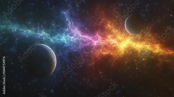 Fototapeta Cosmic scene featuring planets and colorful nebulae in space.