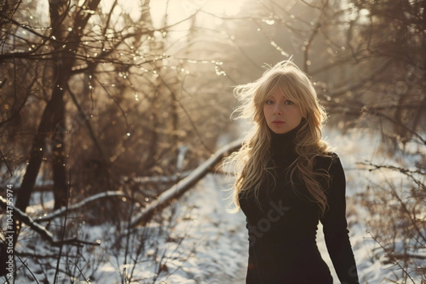 Fototapeta portrait of a young blonde woman in winter forest, Generative AI