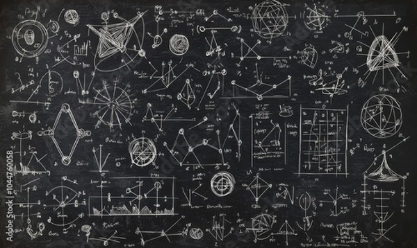 Fototapeta Chalkboard filled with geometric diagrams and scribbles.