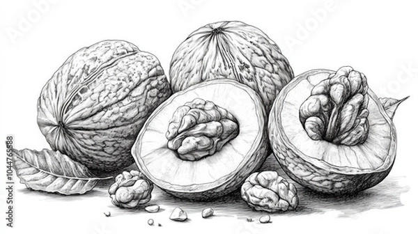 Obraz Detailed Engraved Sketch of Walnut Nut in Vector Illustration Style