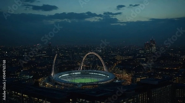 Obraz A breathtaking evening view of Wembley Stadium, glowing against the backdrop of London's twinkling skyline as night falls over the city.