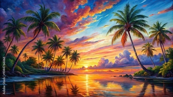 Fototapeta Tropical sunset painting with trees on canvas