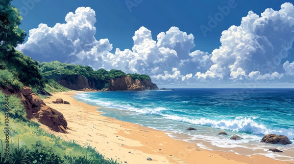 Obraz Serene Beach with Calm Waters and Lush Greenery, Peaceful Coastal Landscape with Clear Blue Sky