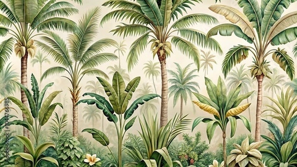 Fototapeta Tropical vintage botanical palm trees and banana tree border on white background, perfect for exotic jungle wallpaper