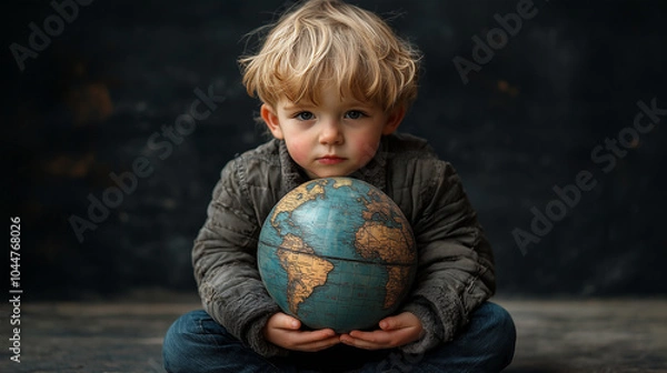 Obraz Little boy with a globe on his lap, symbolizing the responsibility of today's youth in shaping the planet's future amid climate change