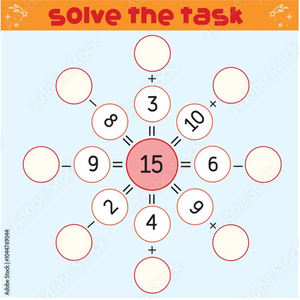 Fototapeta Worksheet. Mathematical puzzle game. Learning mathematics, tasks for addition for preschool children. worksheet for preschool kids - vector - Vektör