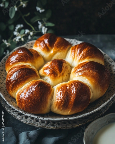 Fototapeta A mouthwatering plate of fluffy cinnamon rolls, glazed with a golden brown topping, is the perfect indulgence for breakfast
