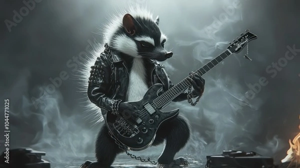 Obraz A rock-playing skunk in leather, performing a guitar solo on a smoke-filled stage.